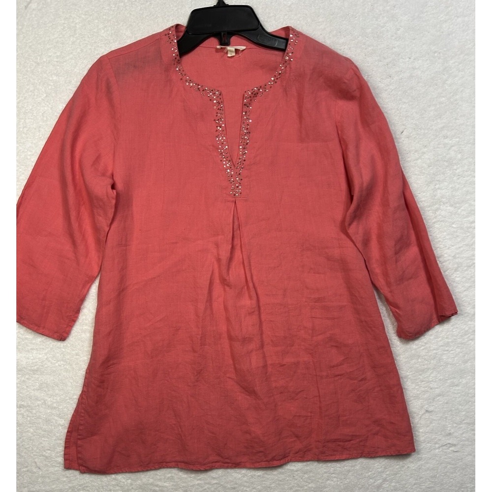 Eileen Fisher Womens Size S Pink 1/2 Sleeve Linen Embellished Top (K2)